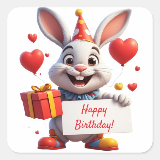 ハートバルーンのうさぎの誕生日ギフト ❤️ スクエアシール (正面)