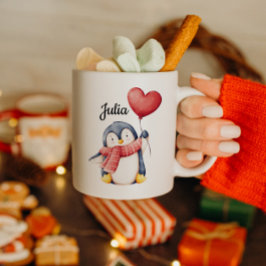 ハートバルーンを持ったペンギンの名入れマグ コーヒーマグカップ