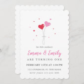 ハートバルーンバレンタインツイン誕生日招待状 招待状 (正面/裏面)