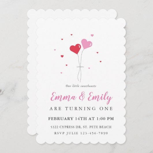 ハートバルーンバレンタインツイン誕生日招待状 招待状 (正面/裏面)