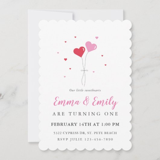 ハートバルーンバレンタインツイン誕生日招待状 招待状 (正面)