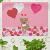 ハートバルーン図解入りの、写真付きの付きバレンタイン犬 キッチンタオル (折り畳み)