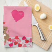 ハートバルーン図解入りの、写真付きの付きバレンタイン犬 キッチンタオル (四つ折り)