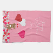 ハートバルーン図解入りの、写真付きの付きバレンタイン犬 キッチンタオル (横)