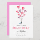 ハートバルーン&バードガール誕生日招待状 招待状 (正面/裏面)