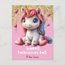 ハートバレンタインデイユニコーンピンク葉書 ポストカード