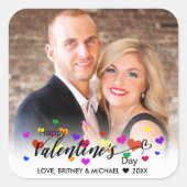 ハートバレンタインデーカラフルタイポグラフィ写真 スクエアシール (正面)