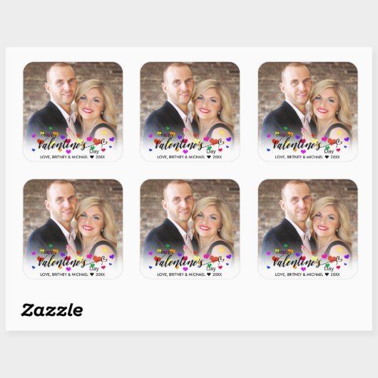 ハートバレンタインデーカラフルタイポグラフィ写真 スクエアシール (シート)