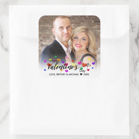 ハートバレンタインデーカラフルタイポグラフィ写真 スクエアシール (バッグ)