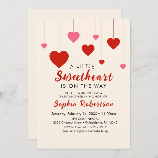 ハートバレンタインレッドピンクベビーシャワーパーティー 招待状 (正面/裏面)