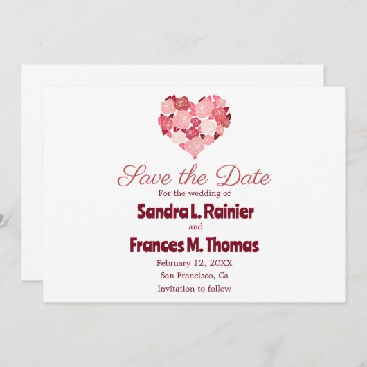 ハートバレンタイン赤いバラのSave the Dateカード セーブザデート (正面/裏面)
