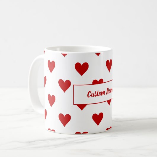 ハートパターンとカスタマイズ可能な名前 コーヒーマグカップ (正面左)