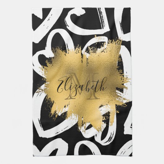 ハートパターンと黄金箔 キッチンタオル (縦)