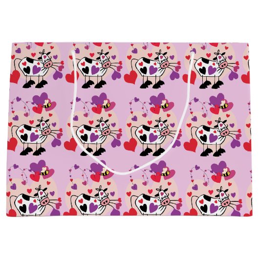 ハートパターングラフィックを持つかわいい牛 ラージペーパーバッグ (正面)