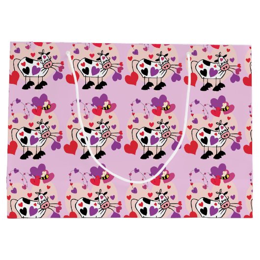 ハートパターングラフィックを持つかわいい牛 ラージペーパーバッグ (裏面)