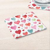 ハートパターン水モダン色レッドピンクブルー スクエアペーパーコースター (アングル)