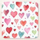 ハートパターン水モダン色レッドピンクブルー スクエアペーパーコースター (正面)