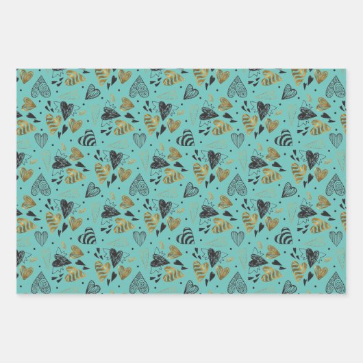 ハートパターン(の模様が)あるドードル ラッピングペーパーシート (正面3)