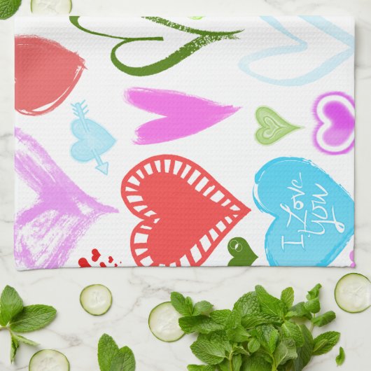 ハートパターン、カラフルハート、ハートパターン キッチンタオル (折り畳み)