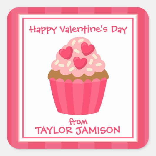 ハートパーソナライズされたカップケーキバレンタイン スクエアシール (正面)