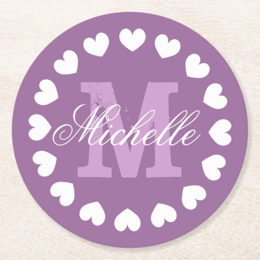 ハートパーソナライズされたモノグラム結婚式のコースター ラウンドペーパーコースター (正面)