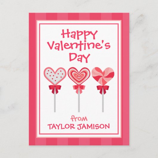 ハートパーソナライズされた棒つきキャンデーバレンタインデー ポストカード (正面)