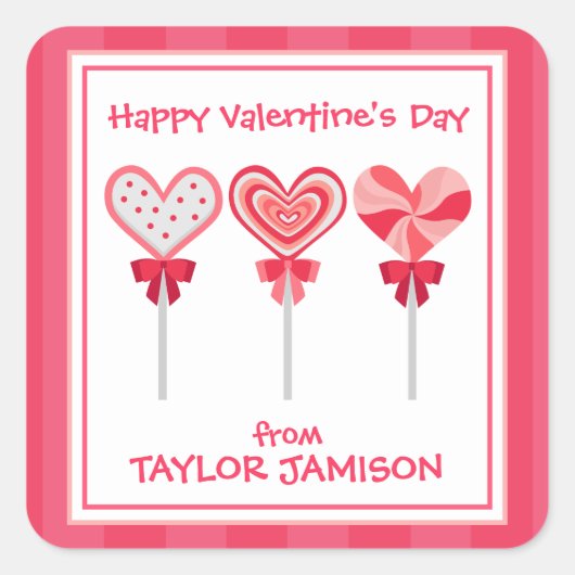 ハートパーソナライズされた棒つきキャンデーバレンタイン スクエアシール (正面)