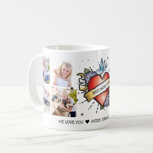 ハートパーソナライズされたTattoo 8 Photo Collage コーヒーマグカップ (正面左)