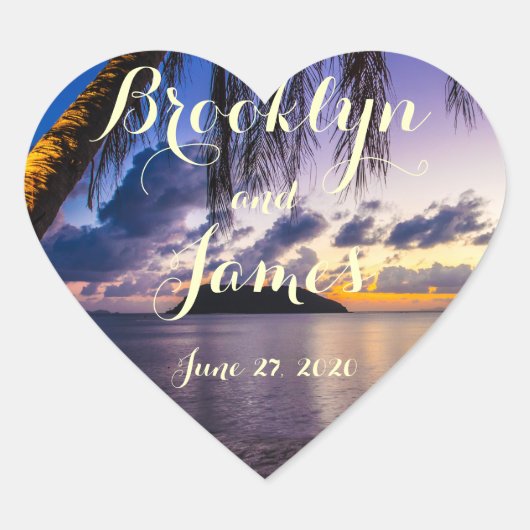ハートパープルビーチ結婚式シール ハートシール (正面)