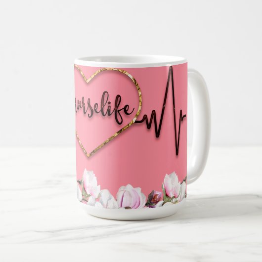 ハートビートデザインと介護生活のハッシュタグ コーヒーマグカップ (正面右)