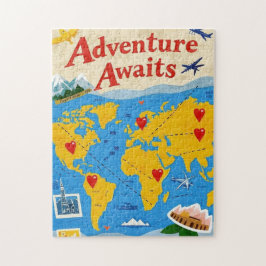 ハートピンと点々のあるランドマークを使用したワールドマップ ジグソーパズル