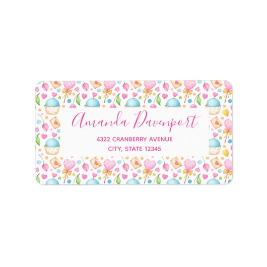 ハートファンシーとカップケーキの水彩模様 ラベル (正面)