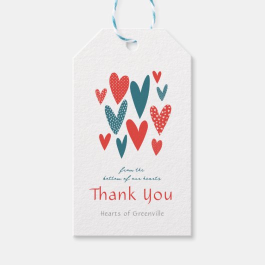 ハートフェルトサンキューハートティール（緑がかった色）レッド ギフトタグ (正面)