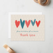 ハートフェルトサンキューハートティール(緑がかった色)レッド ノートカード (正面/裏面インサイチュ)