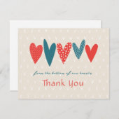 ハートフェルトサンキューハートティール(緑がかった色)レッド ノートカード (正面/裏面)