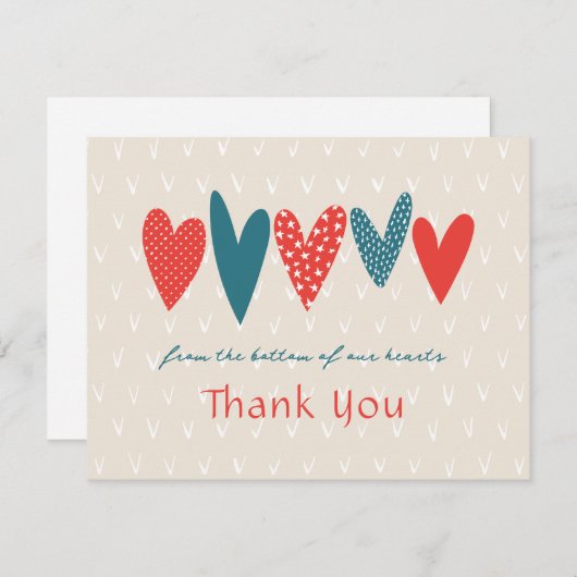 ハートフェルトサンキューハートティール(緑がかった色)レッド ノートカード (正面/裏面)