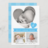 ハートフォトコラージブルージンガム男の赤ちゃん誕生 案内状 (正面/裏面)