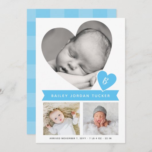 ハートフォトコラージブルージンガム男の赤ちゃん誕生 案内状 (正面/裏面)