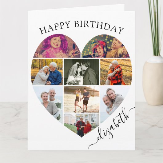 ハートフォトコラージュ9写真スクリプト名誕生日 カード (正面)