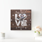 ハートフォトフレームラブウッドランド素朴モノグラム スクエア壁時計 (ホーム)