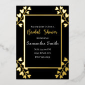 ハートフラワーオンブラック金ゴールドブライダルシャワー 箔招待状 (正面)