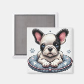 ハートフランスのをテーマにしたクッションの上のブルドッグ マグネット (正面/裏面)
