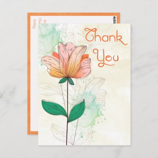 ハートフルな手書きの感謝のメッセージを贈ろう。美しい水彩画のポストカードにオレンジ色とピンクの花が緑 ポストカード (正面/裏面)