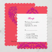 ハートフルパーティ ラズベリーとマジェンタのダマスクハート 招待状 (正面/裏面)