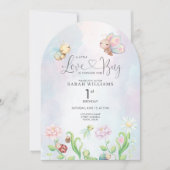 ハートフルリトルラブバグ・水彩の女の子・1歳の誕生日 招待状 (正面)