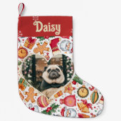 ハートフレームのジンガーパーソナライズされたパンのペット写真 スモールクリスマスストッキング (正面)