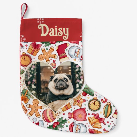 ハートフレームのジンガーパーソナライズされたパンのペット写真 スモールクリスマスストッキング (正面)