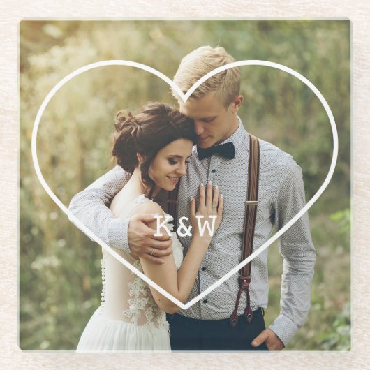 ハートフレームのモダンなモノグラムの写真 ガラスコースター (正面)