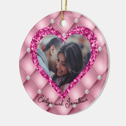 ハートフレームカスタムフォトピンククッション&ダイヤモンド セラミックオーナメント (左)
