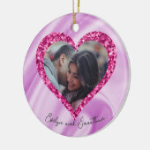 ハートフレームカスタムフォトピンクシルク&ダイヤモンド セラミックオーナメント (左)